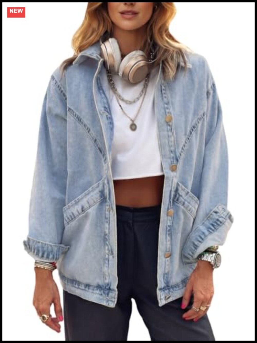 Oversized Button Up Denim Jacket Long Sleeve Cotton Shacket with Pockets